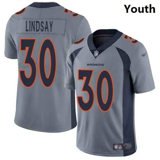 Broncos #30 Phillip Lindsay Gray Youth Stitched Football Limited Inverted Legend Jersey